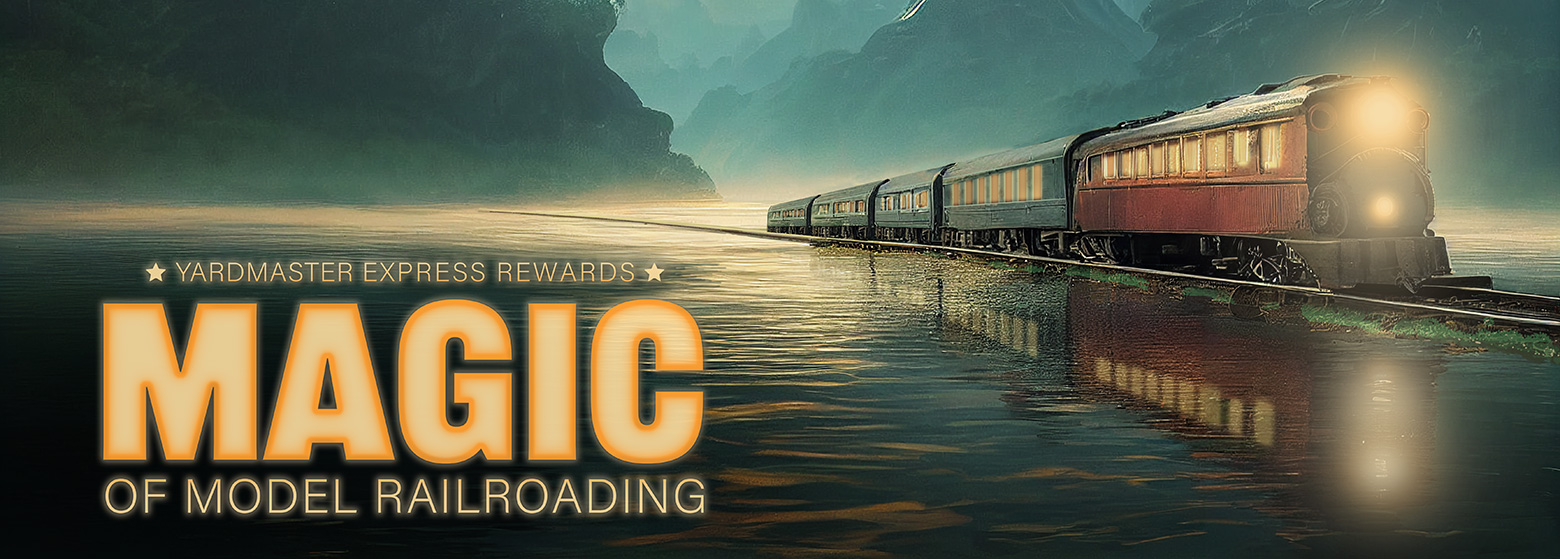Magic of Model Railroading from Walthers Yardmaster Express Rewards banner image of train crossing over a watery landscape