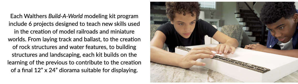 Each Walthers Build-A-World modeling kit program include 6 projects designed to teach new skills used in the creation of model railroads and miniature worlds. Master laying track and ballast, creating rock structures, water features and landscaping.